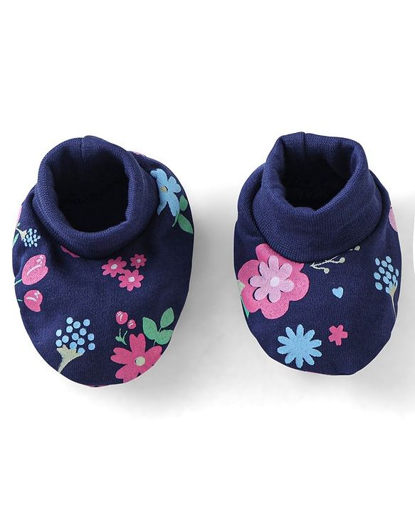 Babyhug 100% Cotton Knit Mittens & Booties Floral Print - Navy Blue