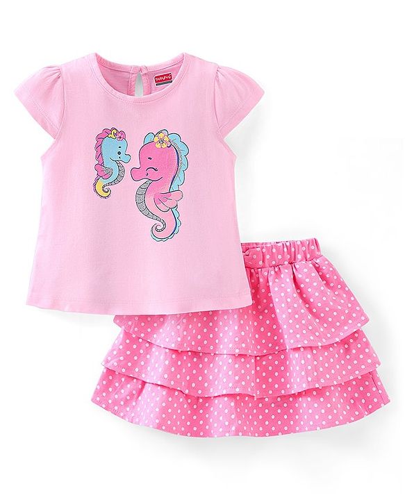 Babyhug 100% Cotton Knit Cap Sleeves Top & Skirt Set Sea Horse Print - Pink