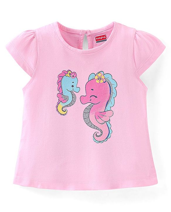Babyhug 100% Cotton Knit Cap Sleeves Top & Skirt Set Sea Horse Print - Pink