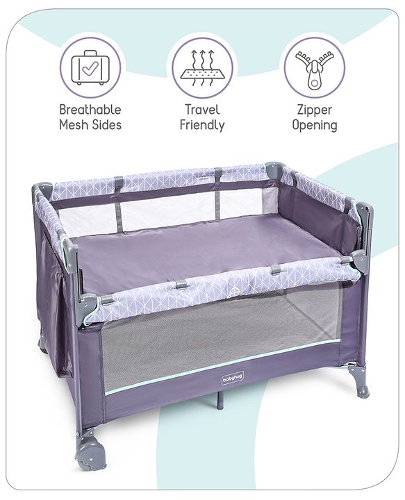 Babyhug Wonderland 2 in 1 Foldable Playpen Cum Travel Baby Cot with Mosquito Net - Grey| Easy Assembly| Compact Fold| Removable Cot Layer| Mesh Sides| Zipper Opening for Fun-play| Storage cum Carry Bag| Wheels with Lock| Attach to Parent Bed