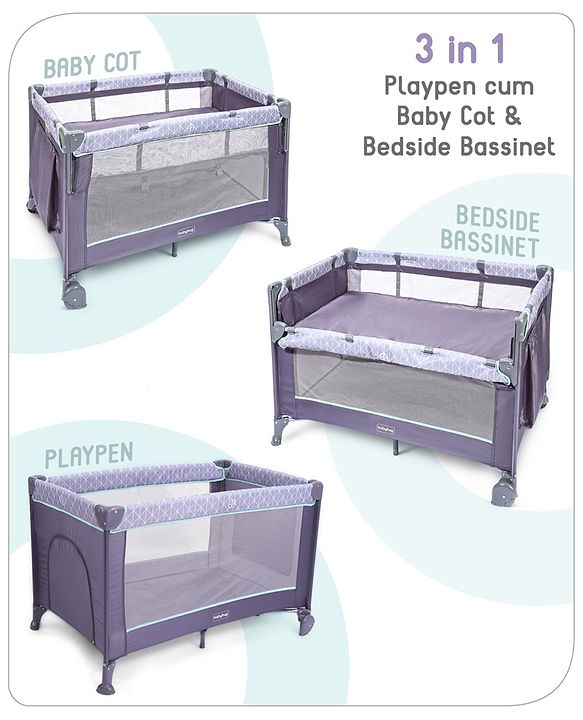 Babyhug Wonderland 2 in 1 Foldable Playpen Cum Travel Baby Cot with Mosquito Net - Grey| Easy Assembly| Compact Fold| Removable Cot Layer| Mesh Sides| Zipper Opening for Fun-play| Storage cum Carry Bag| Wheels with Lock| Attach to Parent Bed