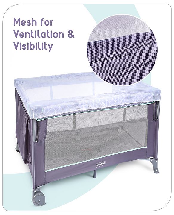 Babyhug Wonderland 2 in 1 Foldable Playpen Cum Travel Baby Cot with Mosquito Net - Grey| Easy Assembly| Compact Fold| Removable Cot Layer| Mesh Sides| Zipper Opening for Fun-play| Storage cum Carry Bag| Wheels with Lock| Attach to Parent Bed
