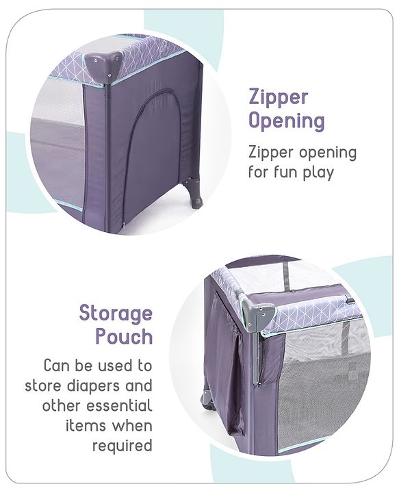 Babyhug Wonderland 2 in 1 Foldable Playpen Cum Travel Baby Cot with Mosquito Net - Grey| Easy Assembly| Compact Fold| Removable Cot Layer| Mesh Sides| Zipper Opening for Fun-play| Storage cum Carry Bag| Wheels with Lock| Attach to Parent Bed