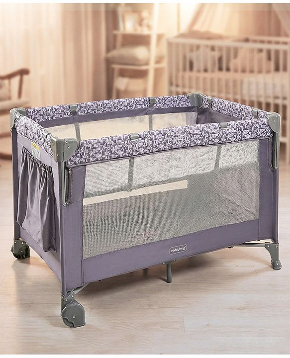 Babyhug Wonderland 2 in 1 Foldable Playpen Cum Travel Baby Cot with Mosquito Net - Grey| Easy Assembly| Compact Fold| Removable Cot Layer| Mesh Sides| Zipper Opening for Fun-play| Storage cum Carry Bag| Wheels with Lock| Attach to Parent Bed