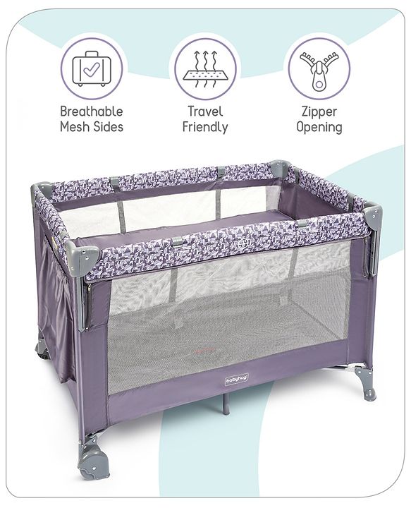 Babyhug Wonderland 2 in 1 Foldable Playpen Cum Travel Baby Cot with Mosquito Net - Grey| Easy Assembly| Compact Fold| Removable Cot Layer| Mesh Sides| Zipper Opening for Fun-play| Storage cum Carry Bag| Wheels with Lock| Attach to Parent Bed