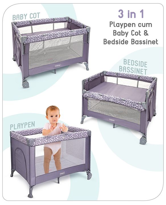 Babyhug Wonderland 2 in 1 Foldable Playpen Cum Travel Baby Cot with Mosquito Net - Grey| Easy Assembly| Compact Fold| Removable Cot Layer| Mesh Sides| Zipper Opening for Fun-play| Storage cum Carry Bag| Wheels with Lock| Attach to Parent Bed