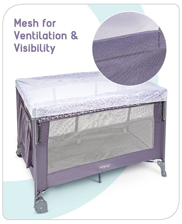 Babyhug Wonderland 2 in 1 Foldable Playpen Cum Travel Baby Cot with Mosquito Net - Grey| Easy Assembly| Compact Fold| Removable Cot Layer| Mesh Sides| Zipper Opening for Fun-play| Storage cum Carry Bag| Wheels with Lock| Attach to Parent Bed