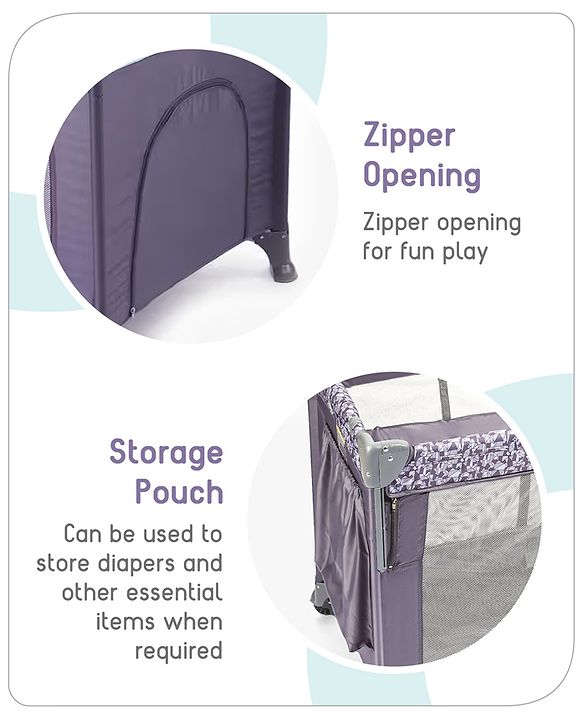 Babyhug Wonderland 2 in 1 Foldable Playpen Cum Travel Baby Cot with Mosquito Net - Grey| Easy Assembly| Compact Fold| Removable Cot Layer| Mesh Sides| Zipper Opening for Fun-play| Storage cum Carry Bag| Wheels with Lock| Attach to Parent Bed
