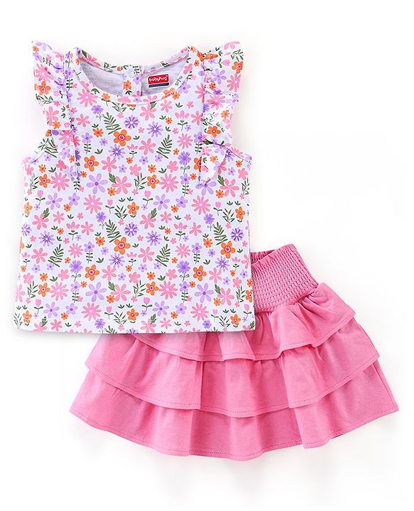 Babyhug 100% Cotton Knit Frill Sleeves Top & Layered Skirt Set Floral Print - White & Pink