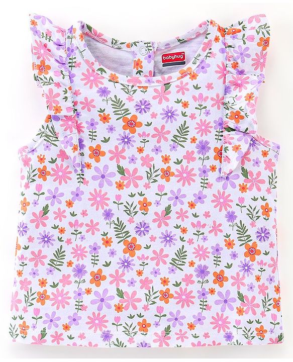 Babyhug 100% Cotton Knit Frill Sleeves Top & Layered Skirt Set Floral Print - White & Pink