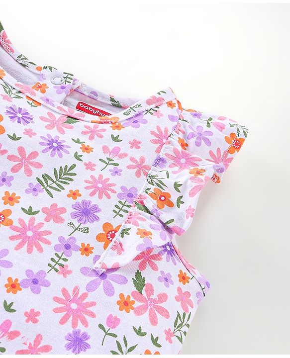 Babyhug 100% Cotton Knit Frill Sleeves Top & Layered Skirt Set Floral Print - White & Pink