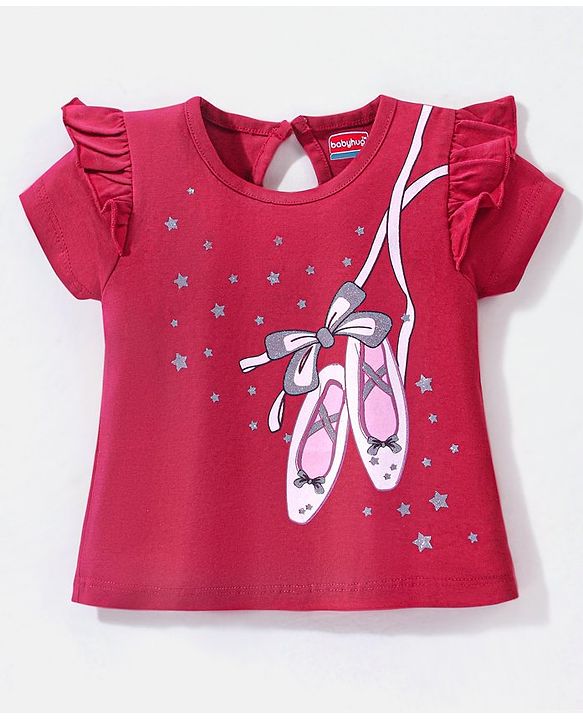 Babyhug 100% Cotton Knit Half Sleeves Tee with Graphic & Glitter Detailing - Fuchsia