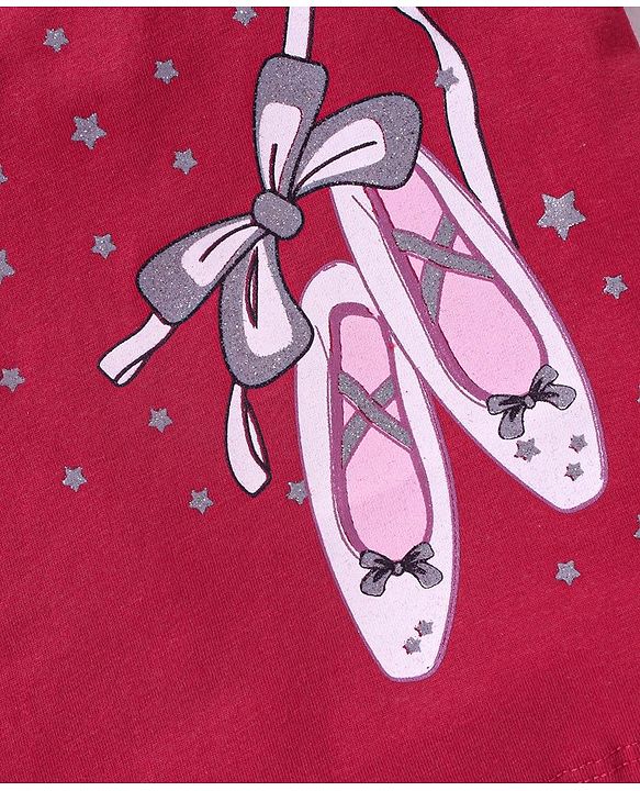Babyhug 100% Cotton Knit Half Sleeves Tee with Graphic & Glitter Detailing - Fuchsia