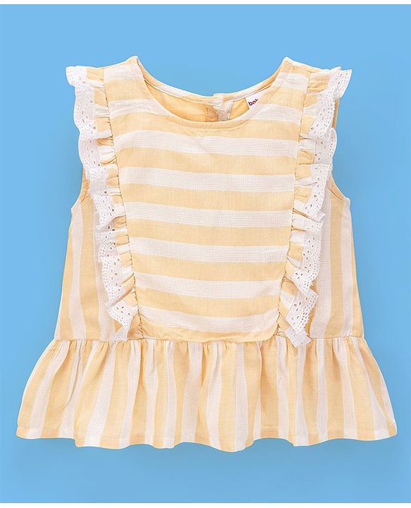Babyhug Rayon Sleeveless Top With Striped & Lace Detailing - Yellow