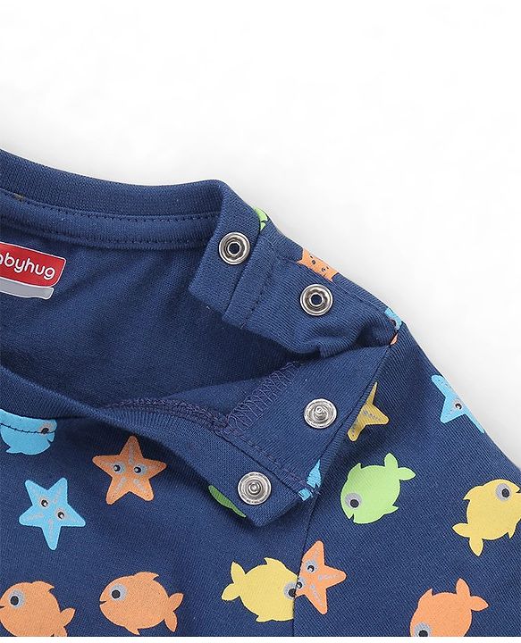Babyhug Cotton Half Sleeves T-Shirt Fish Print- Navy Blue