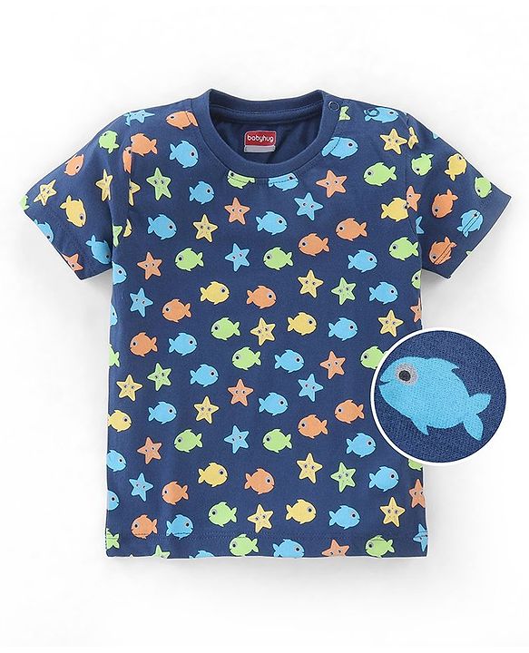 Babyhug Cotton Half Sleeves T-Shirt Fish Print- Navy Blue