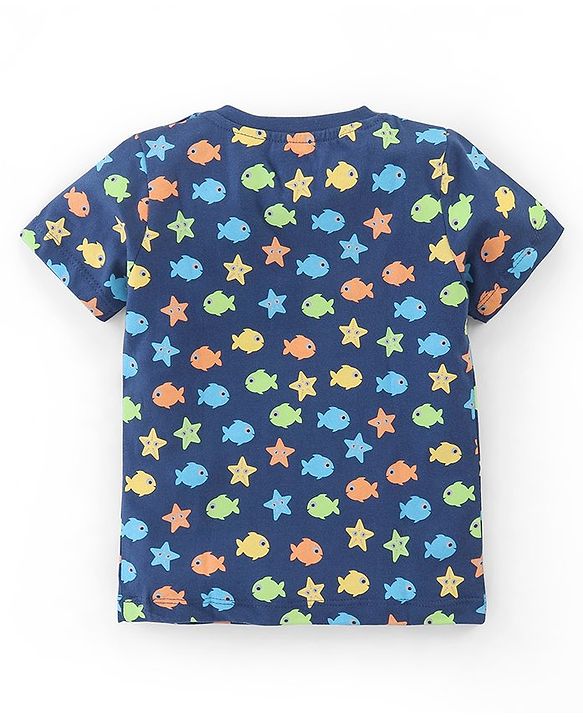 Babyhug Cotton Half Sleeves T-Shirt Fish Print- Navy Blue