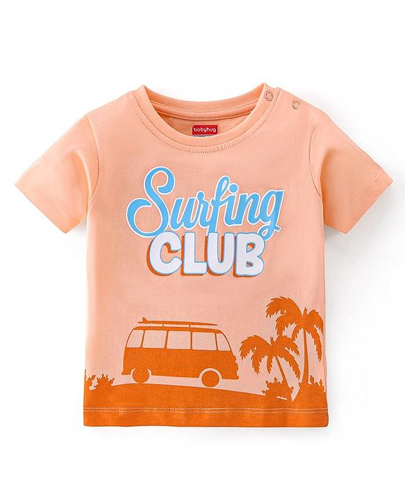 Babyhug Cotton Half Sleeves T-Shirt Surfing Club Print - Peach