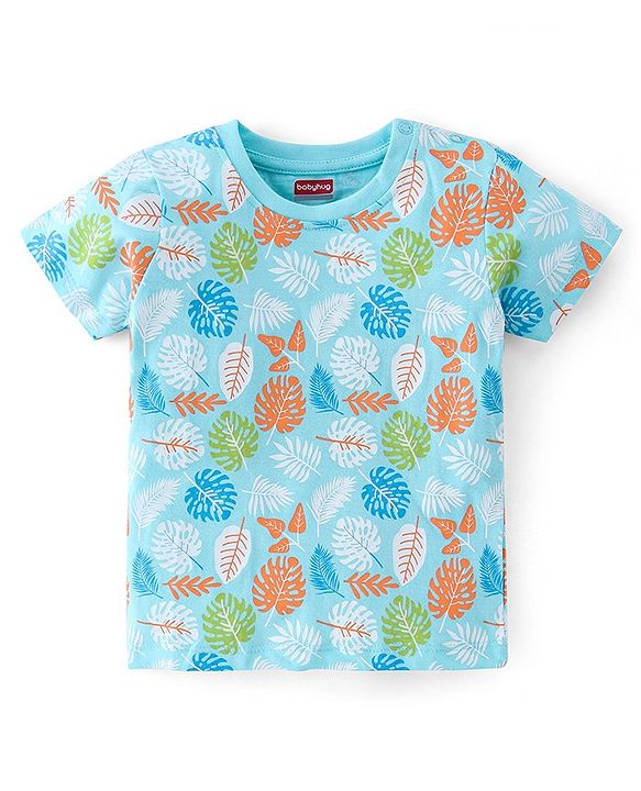 Babyhug Cotton Half Sleeves T-Shirt with Leafy Print - Blue