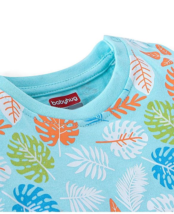 Babyhug Cotton Half Sleeves T-Shirt with Leafy Print - Blue