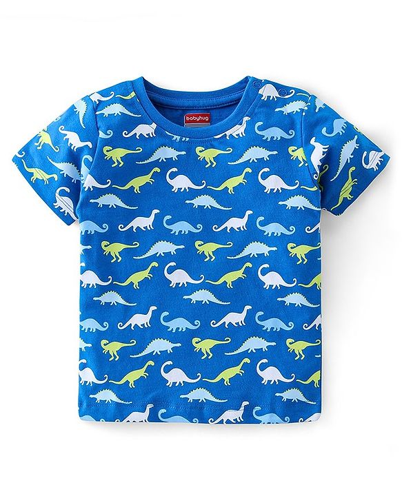 Babyhug Cotton Half Sleeves T-Shirt with Dino Print - Blue