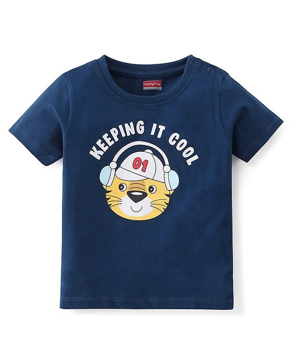 Babyhug Cotton Half Sleeves T-Shirt Tiger Print- Navy Blue