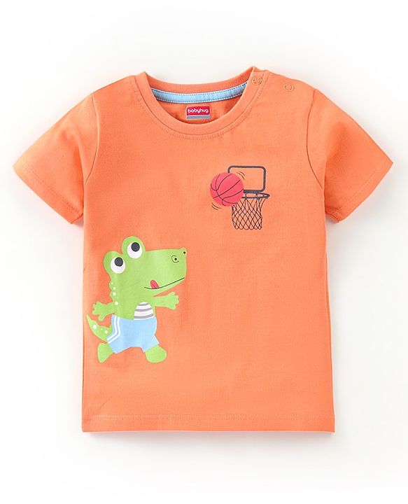 Babyhug Cotton Jersey Half Sleeves T-Shirt Dino Print - Peach