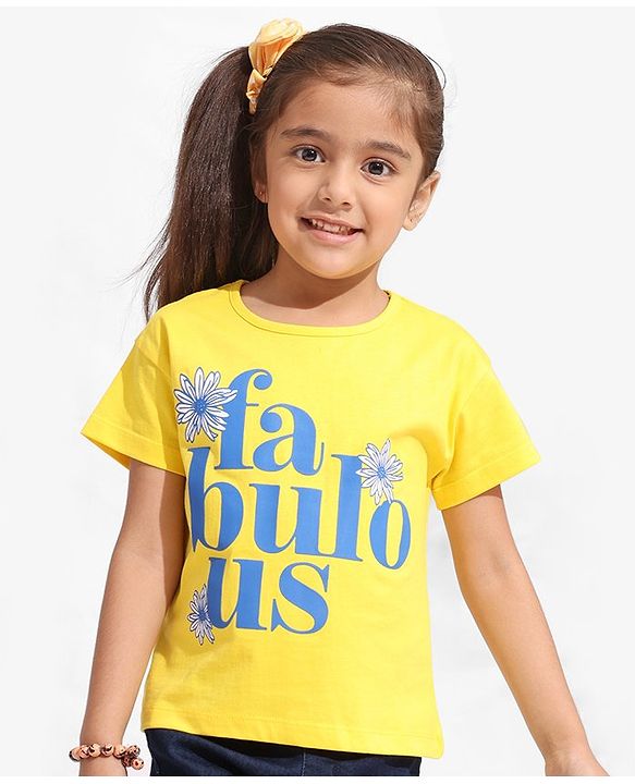 Pine Kids Cotton Knit Half Sleeves Text & Floral Printed Biowashed T-Shirt - Yellow