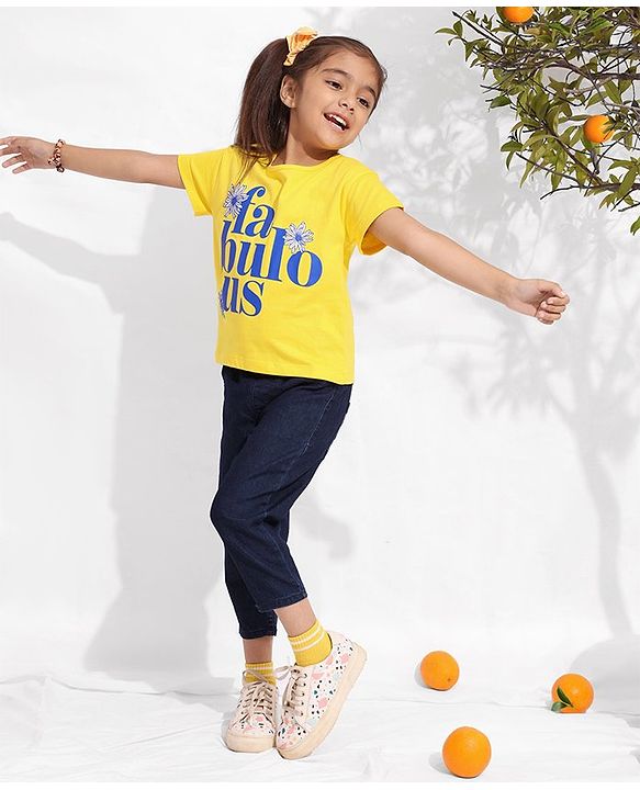 Pine Kids Cotton Knit Half Sleeves Text & Floral Printed Biowashed T-Shirt - Yellow