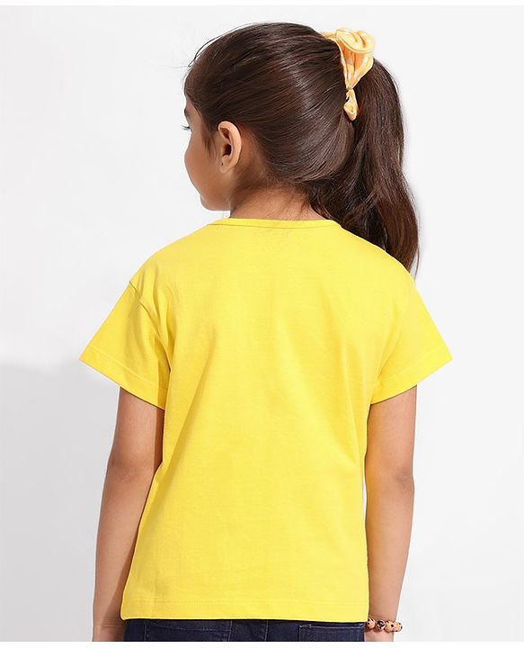 Pine Kids Cotton Knit Half Sleeves Text & Floral Printed Biowashed T-Shirt - Yellow