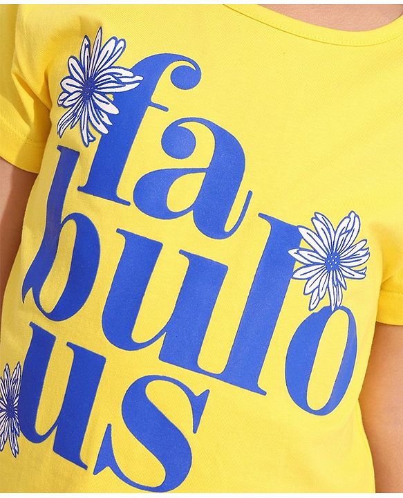 Pine Kids Cotton Knit Half Sleeves Text & Floral Printed Biowashed T-Shirt - Yellow