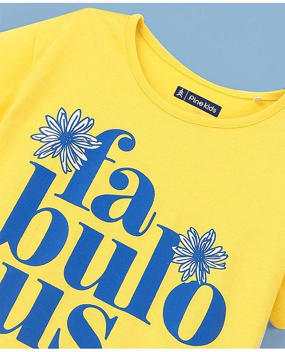 Pine Kids Cotton Knit Half Sleeves Text & Floral Printed Biowashed T-Shirt - Yellow