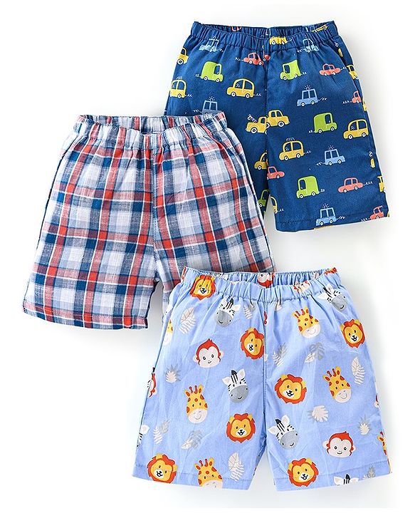 Babyhug Cotton Woven Boxers Vehicles & Lion Print Pack of 3 - Blue & Red