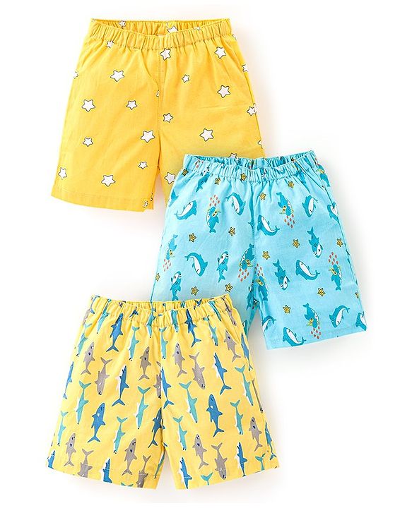 Babyhug Cotton Woven Star & Sea Life Print Pack of 3 - Yellow & Blue