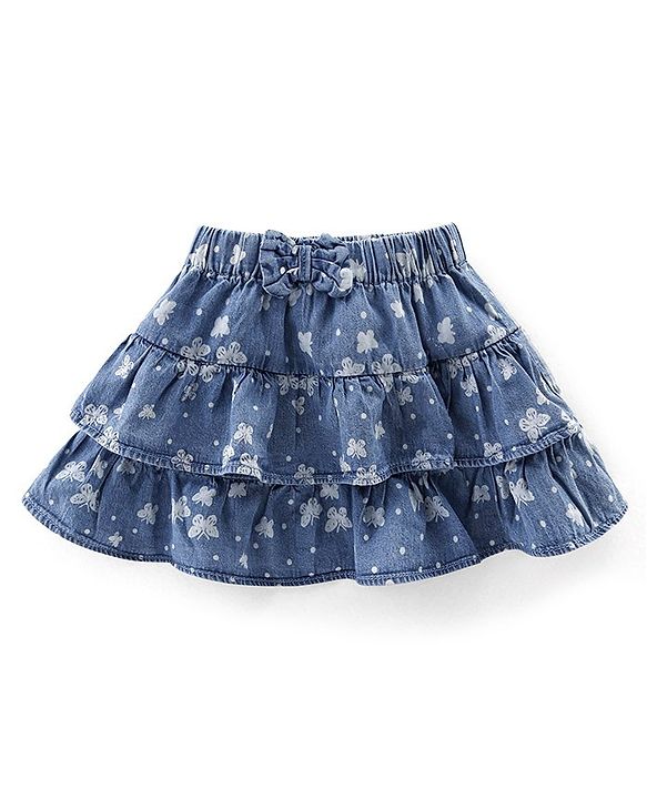 Babyhug Cotton Denim Mid Thigh Length Frill Skirt  Floral Print - Blue