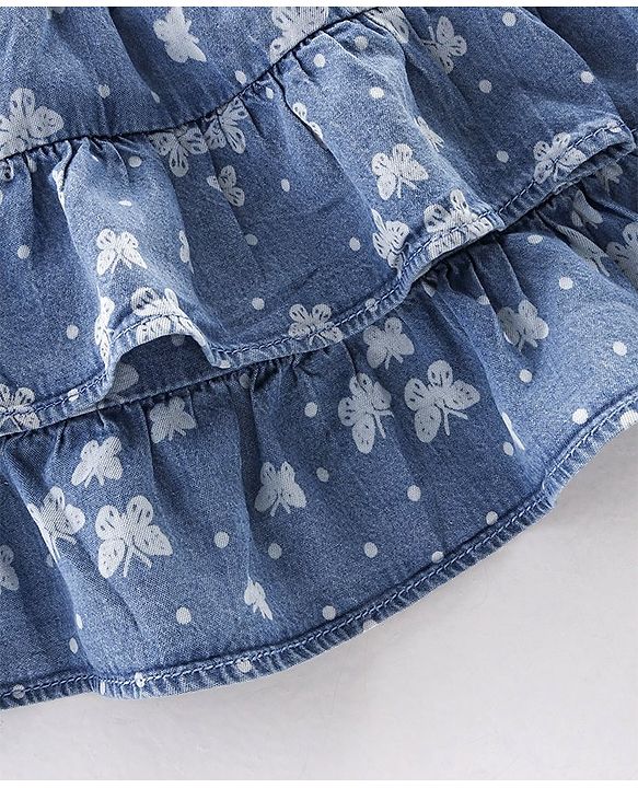 Babyhug Cotton Denim Mid Thigh Length Frill Skirt  Floral Print - Blue