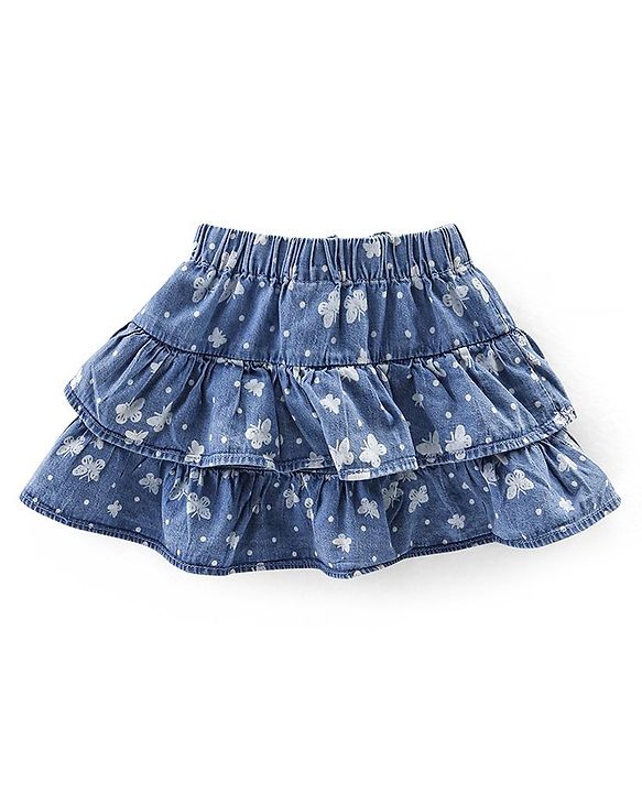 Babyhug Cotton Denim Mid Thigh Length Frill Skirt  Floral Print - Blue