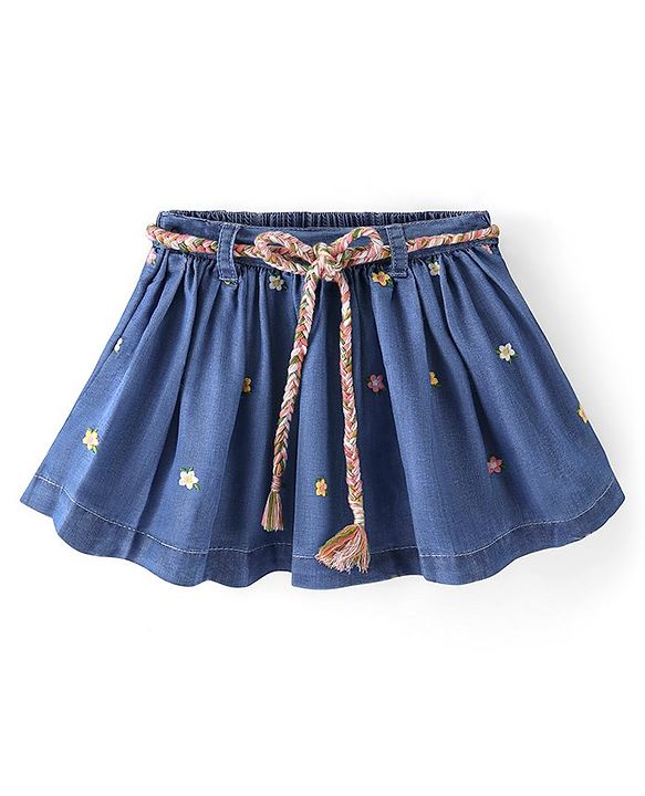 Babyhug 100% Cotton Mid Thigh Length Pleated Denim Skirt Floral Embroidery - Blue