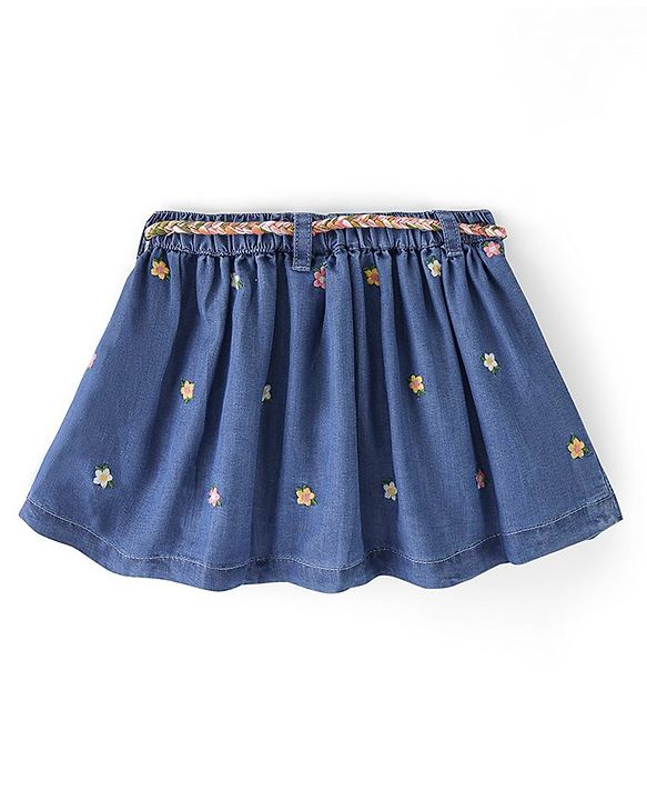 Babyhug 100% Cotton Mid Thigh Length Pleated Denim Skirt Floral Embroidery - Blue