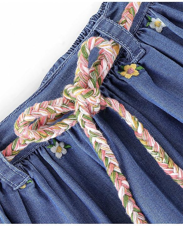 Babyhug 100% Cotton Mid Thigh Length Pleated Denim Skirt Floral Embroidery - Blue