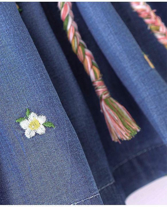 Babyhug 100% Cotton Mid Thigh Length Pleated Denim Skirt Floral Embroidery - Blue