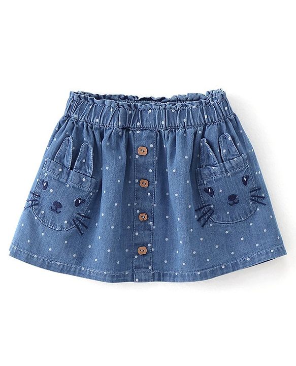 Babyhug Cotton Mid Thigh Skirt With Kitty Embroidery & Dots Print - Blue