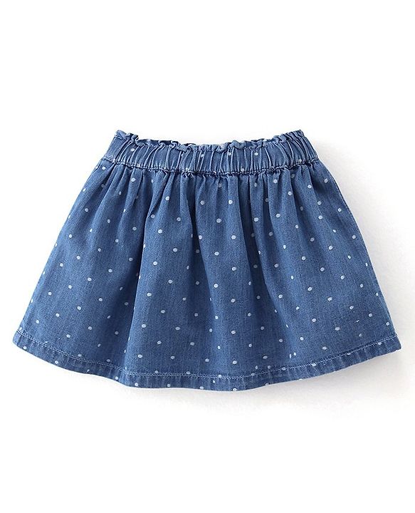 Babyhug Cotton Mid Thigh Skirt With Kitty Embroidery & Dots Print - Blue