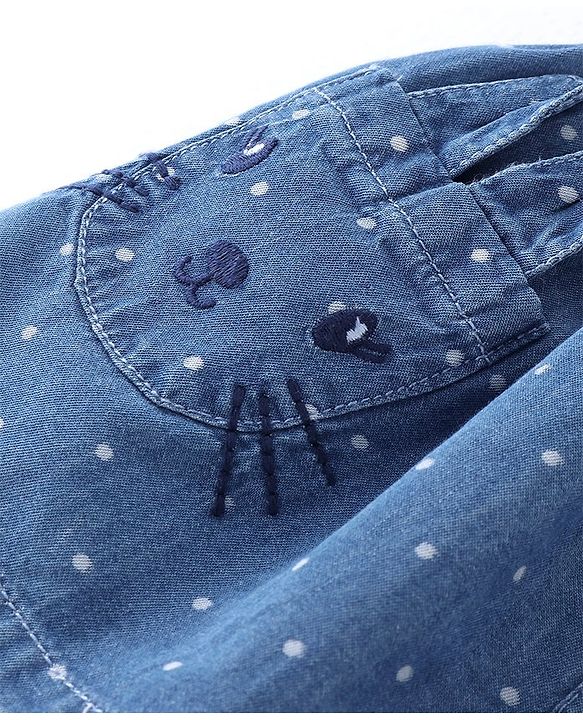 Babyhug Cotton Mid Thigh Skirt With Kitty Embroidery & Dots Print - Blue