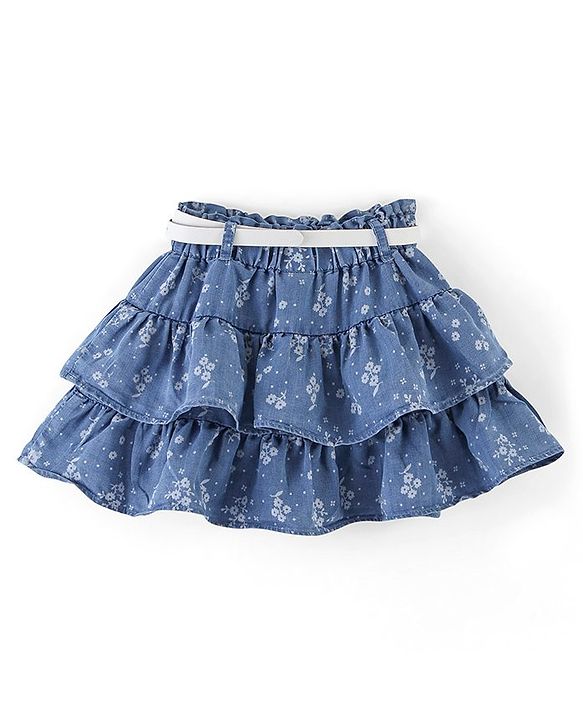 Babyhug Cotton Denim Mid Thigh Length Frill Skirt Floral Print - Blue