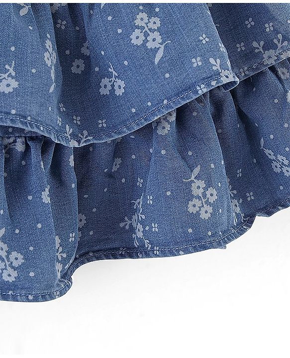 Babyhug Cotton Denim Mid Thigh Length Frill Skirt Floral Print - Blue