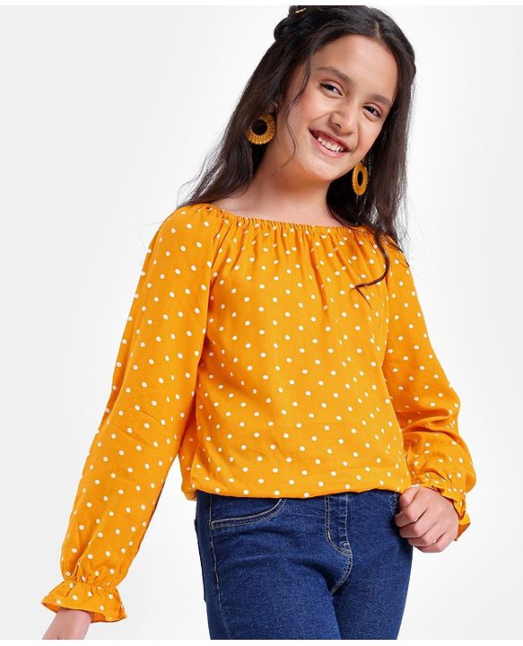 Pine Kids Rayon Woven Full Sleeves Off Shoulder Top Polka Dot Print- Yellow