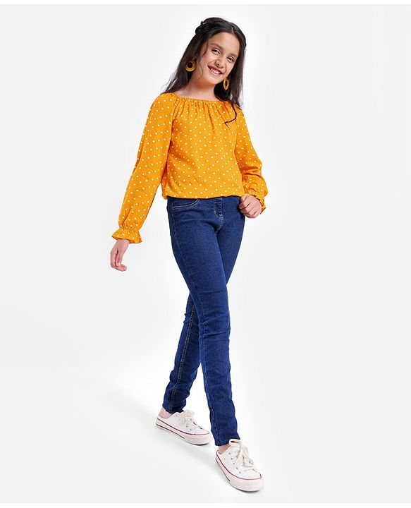 Pine Kids Rayon Woven Full Sleeves Off Shoulder Top Polka Dot Print- Yellow