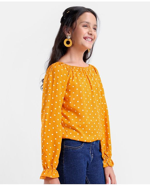 Pine Kids Rayon Woven Full Sleeves Off Shoulder Top Polka Dot Print- Yellow