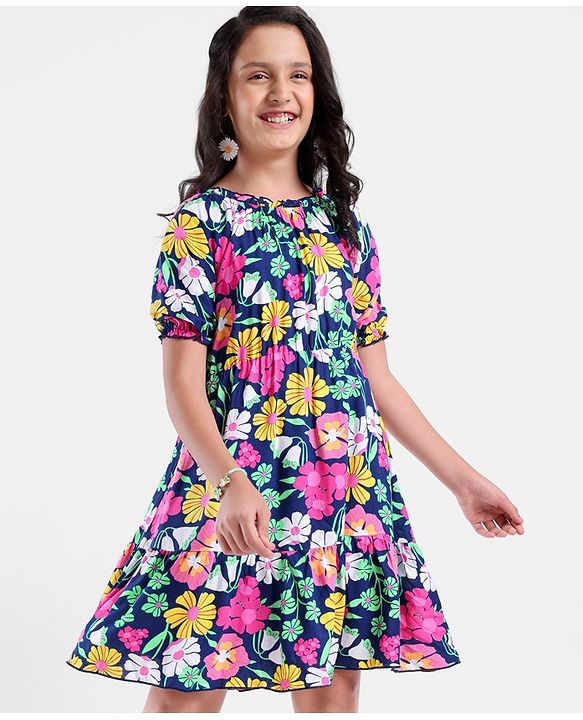 Pine Kids Rayon Three Forth Balloon Sleeves Frock Floral Print - Multicolour